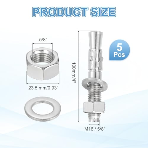 MECCANIXITY 5 Pcs Wedge Anchors, 5/8" x 4" Stainless Steel Concrete Anchors Bolts, Heavy Duty Standard Fastener for Cement Wall Base Bracket (Include Washers Nuts, Silver Tone) - size: 5/8" x 4"