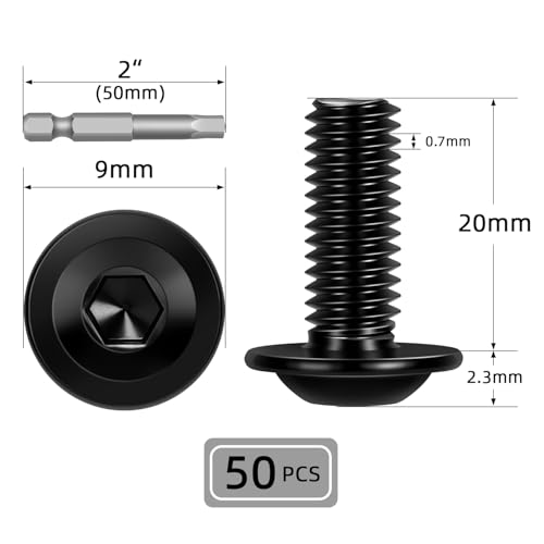 M4-0.7 x 20mm 50 PCS Flanged Button Head Socket Cap Bolts Screws, Stainless Steel 304, Allen Socket Drive, Screwdriver Bit Included, Black Finish, Fully Machine Thread - color: Black, size: M4 x 20mm
