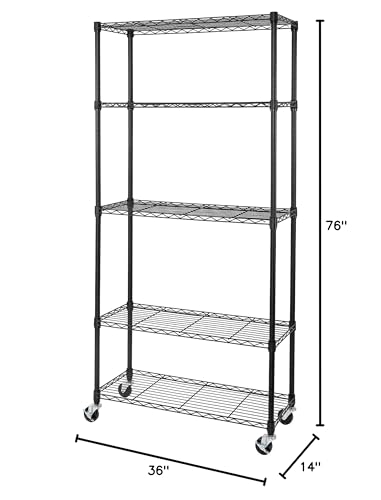 5-Tier NSF-Certified Steel Wire Shelving, 36"W x 14"D x 75.5"H, Black - color: Black, size: 5-Tier Shelving, 36" W x 14" D