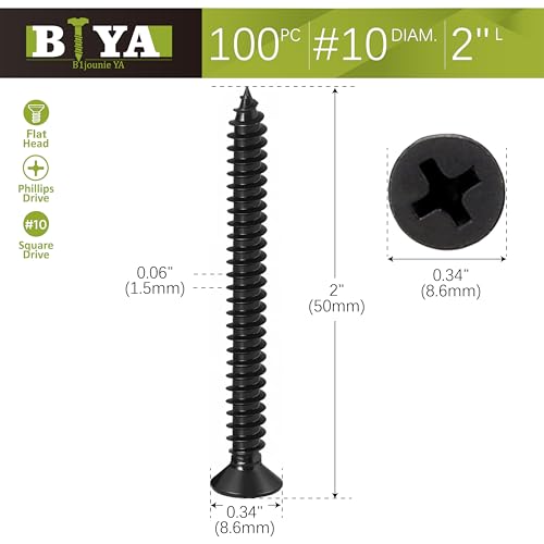 Black Screws,100 PCS #10X2 Stainless Steel Phillips Flat Head Screws - color: Black, size: #10x2"