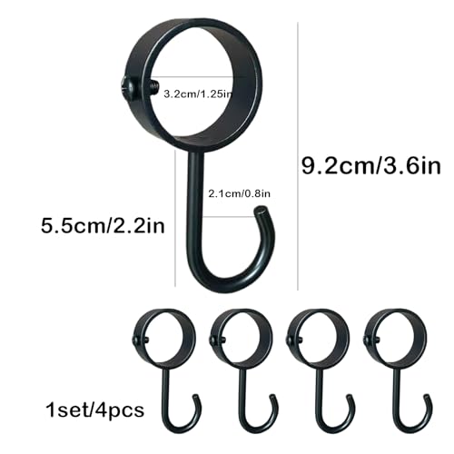 4-Pack Round Clamp-on Hooks for Rod, 1-1/4 Inch (32mm) Inner Diameter, No Drill Wall Hooks for Closet, Shower, Towel, Heavy Duty Metal Hooks for Home Organization, Black - color: Black