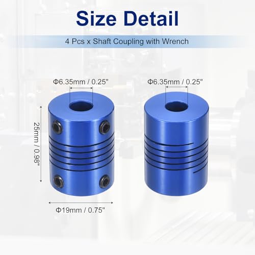 Flexible Shaft Coupling(6.35mm|6.35mm): 4 Pcs Blue Aluminum Alloy - color: Blue, size: 6.35mm x 6.35mm (19mm OD, 25mm L)