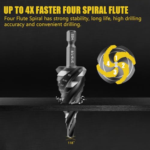 5 Pcs Four Spiral Flute Step Drill Bit Set & 6 Pcs Countersink Drill Bits - size: 11 Pieces