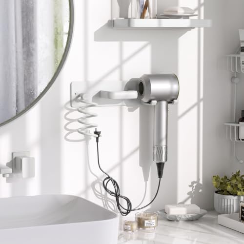 Tindbea Hair Dryer Holder Wall Mount Aluminum Alloy Hot Tools Organizer - color: White