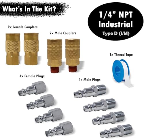 JACO Industrial Quick Connect Air Hose Fittings | Plug & Coupler Kit - 1/4" NPT (Set of 12)