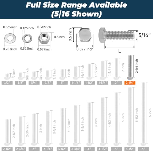 8 Sets Glvaner 5/16-18 x 2-1/4" Stainless Steel Hex Head Screws Bolts, Nuts, Flat & Lock Washers, 18-8 (304) Stainless Steel, Full Thread, Coarse Thread - size: 5/16-18 x 2-1/4"