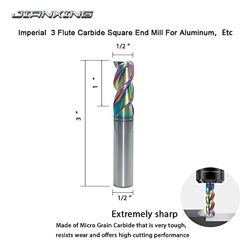 1/2" Carbide Square End Mill, 3 Flute, DLC Coating, 1 Pc - size: 1/2" (1 Pieces)