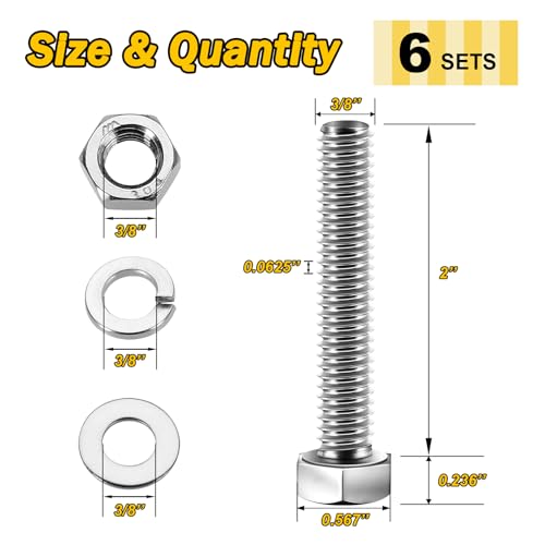 Mywish (6 Sets) 3/8-16x2 Hex Head Nuts and Bolts with Flat & Lock Washers, 304 Stainless Steel 18-8, Fully Threaded, 3/8 Bolts, Hex Bolts Metric Bolt Assortment - size: 3/8-16 x 2 (6 set)