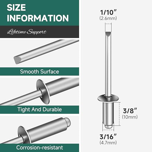 250 Pcs 3/16" x 3/8" Aluminum Blind Pro Rivets, 5 x 10mm Pop Rivets, 3/16 Rivet Aluminum Grip and Steel Mandrel - color: Silver, size: 3/16" x 3/8"