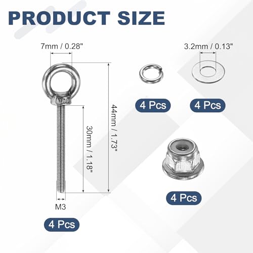 PATIKIL M3 x 30mm Shoulder Eye Bolt, 4 Pcs 304 Stainless Steel Lifting Ring Threaded Eye Bolt with Flange Lock Nuts Spring and Flat Washers for Hanging Tie Down Straps Outdoor Indoor - size: M3 x 30mm