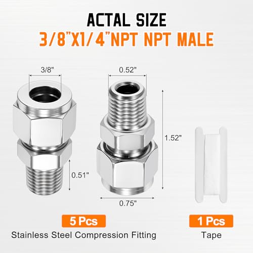 5 Pack 3/8"OD Compression x 1/4" NPT Male Union Coupling Connector - size: 3/8"OD Compression x 1/4" NPT Male