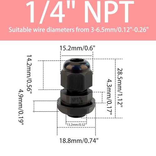 10PCS 1/4" NPT Black Cable Glands, IP68 Waterproof Nylon Strain Relief Cord Grips, Adjustable 3-6.5mm Wire Connectors with Rubber Gaskets & Locknuts for Junction Box Electrical Fittings - size: 1/4" NPT
