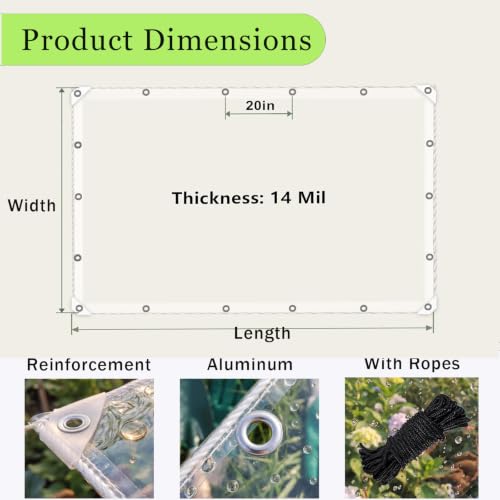 Clear Vinyl Tarp, 8' X 10', 14 Mil Clear Tarps Heavy Duty Outdoor Garden Rainproof Covering with Grommets, 420g/m² Tear Resistant PVC for Camping, Greenhouse, etc. - size: 8x10 FT