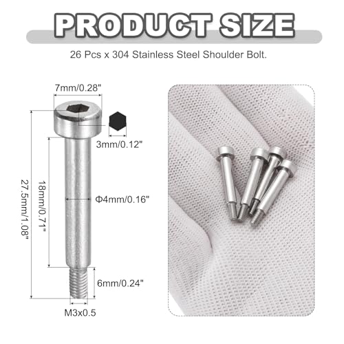 MECCANIXITY 26 Pcs 304 Stainless Steel Shoulder Bolt 4mm Shoulder Dia 18mm Shoulder Length M3x0.5 Thread Hex Socket Shoulder Bolts for Hydraulic Injection Molding Machinery Industries - size: 4mm x 18mm