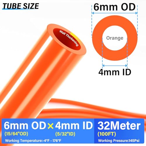 TAILONZ Orange 6mm OD 4mm ID PU Air Hose Pipe Tube Kit 32 Meter 100ft - color: Orange, size: 6mm OD/100ft/32m