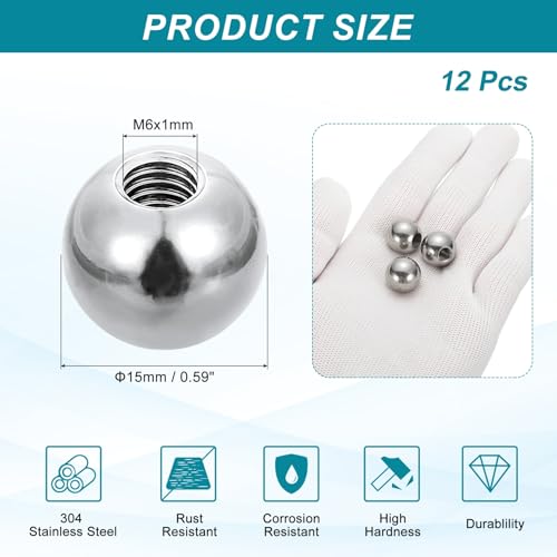 PATIKIL 12pcs M6 x 15mm Ball Nuts Knob, 304 Stainless Steel Round Solid Silver Light Fixture Decorative Screw Cap Cover Machinery Hardware