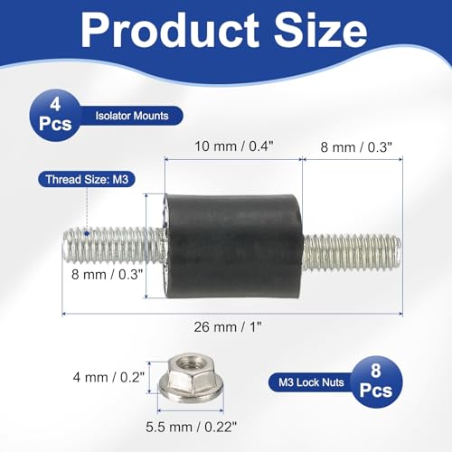 PATIKIL M3 8x10mm Rubber Isolator Mounts, 4 Pcs Rubber Studs Shock Absorber Anti-Vibration Isolation Damping Mounts with Lock Nuts for Motor, Air Compressor, Engines (26mm Height) - size: M3-8x10x26mm