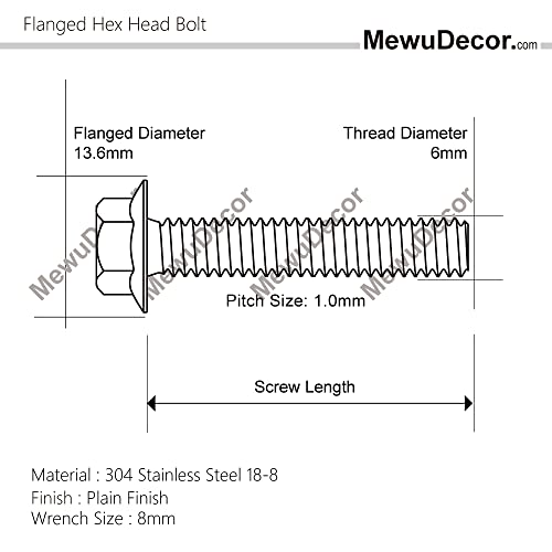 M6 x 30mm Flange Hex Head Bolts Flanged Hexagon Screws, 18-8 Stainless Steel 304, Plain Finish, Pack of 25 - size: M6 x 30mm