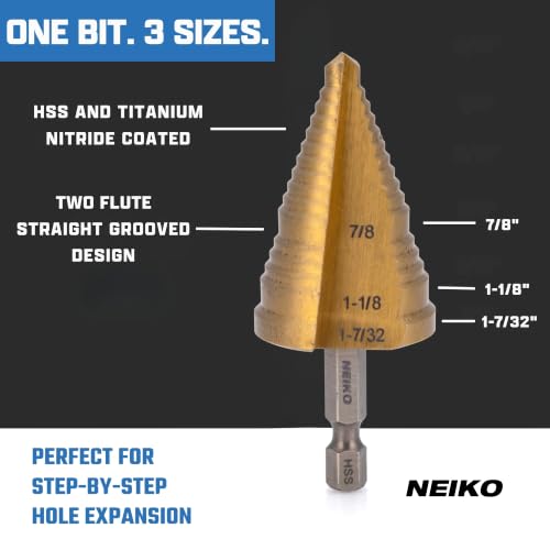 NEIKO 10636A Step Drill Bit, 3 Steps 7/8" to 1-7/32" Straight High Speed Steel, Titanium Nitride Coated, 1/4” Quick Change Step Bits for Steel, Metal, Wood, Plastic, Unibit Cone Drill Bits, Two Flute - size: #11 (7/8 - 1-7/32", 3S), style: Straight