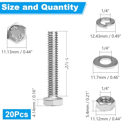 20 Sets 1/4-20x1-1/2 Hex Head Screw Bolt,Nuts,Flat & Lock Washers - size: 1/4-20 x 1-1/2"
