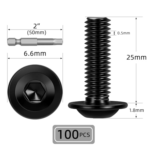 M3-0.5 x 25mm 100 PCS Flanged Button Head Socket Cap Bolts Screws, Stainless Steel 304, Allen Socket Drive, Screwdriver Bit Included, Black Finish, Fully Machine Thread - color: Black, size: M3 x 25mm