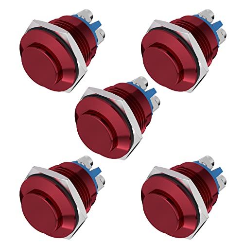 APIELE 16MM Momentary Push Button Switch 16mm Momentary Push Button Switch High Round Cap Waterproof Aluminum Shell High Flush Screw Terminals 250V AC 5A 12V 36V DC 2A 1NO SPST (5pcs Red) - color: 5 PCS Red, size: 16mm