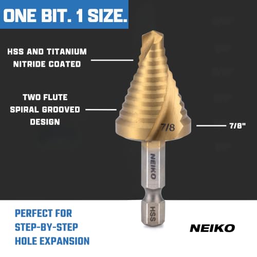 NEIKO 10621A Step Drill Bit, 1 Step 7/8" Spiral High Speed Steel, Titanium Nitride Coated, 1/4" Quick Change Step Bits for Steel, Metal, Wood, Plastic, Unibit Cone Drill Bits, Two Flute - size: #7 (7/8", 1S), style: Spiral