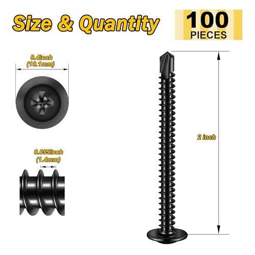 Mywish 100Pcs #8×2" Black Self Tapping Screws for Metal, 410 Black Metal Screws Oxide Stainless Steel Truss Head Self Drilling Screws High-Strength - color: Black, size: #8x2" (100 pcs)