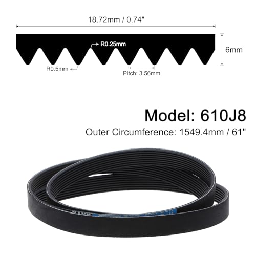 uxcell 610J8 PJ V-Ribbed Belt 8 Ribs 61" Length x 0.74" Width x 0.14" Thick, EPDM Poly V Belt, Industrial Transmission Serpentine Belt - size: 610J8