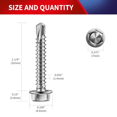 #8 x 1-1/4" Self Drilling Screws (157Pcs) Hex Washer Head 410 Stainless Steel Self Tapping Screws for Metal Sheet Metal Screws with Hex Socket Included - color: Silver, size: #8 x 1-1/4"