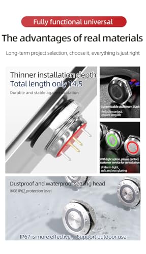 16mm Momentary Push Button Switch, IP67 Waterproof Stainless Steel, 1NO SPDT 5A 250VAC, 12V-24V LED Tri-Color RGB, Pre-Wired Socket Plug for Car Marine Boat Industrial Control (16mm, 3V RGB+) - style: stainless steel 16mm 3V RGB+