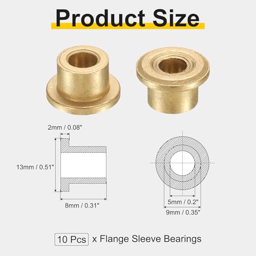uxcell 10Pcs Flange Sleeve Bearings, 5mm Bore x 9mm OD x 8mm Length, Self-Lubricating Sintered Bronze Bushings - size: 5mm Bore x 9mm OD x 8mm Length
