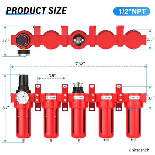 TAILONZ PNEUMATIC 0-150PSI 1/2 Inch NPT Red Industrial Grade 5 Stage Air Drying System, Particulate Filter, Coalescing Filter, Double Desiccant Dryer and Air Regulator (Manual Drainage) - color: 5 Stage(3filter+2dryer), size: 1/2" NPT/Munual Drainage