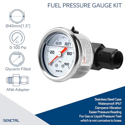 SENCTRL 0-100 Psi Fuel Pressure Gauge Kit with 6AN Fitting - size: 0-100 Psi, style: Back Mount with 6AN fitting