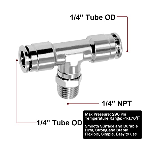 Beduan Push to Connect Tube Fitting Union Tee, Copper Nickle-Plated 1/4" Tube OD x 1/4" NPT Male Thread Shaped Union Adapter Fitting (Pack of 5) - size: 1/4"OD x 1/4"NPT