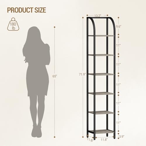 Hzuaneri Bookshelf Narrow Bookcase, Tall Storage Rack with Steel Frame - color: Greige, size: 11.8 × 13.2 × 71.9 inch