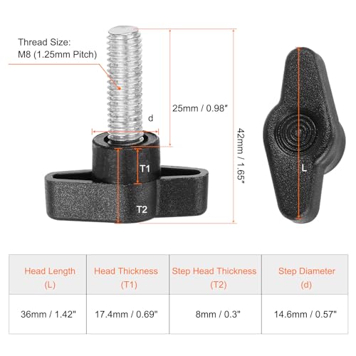 HARFINGTON 10pcs Wing Knobs M8 x 25mm Male Thread Plastic Tee Stud Knobs T Threaded Handles Hand Clamping Tightening Thumb Screws Thumbscrew, Black - color: Black, size: M8 x 25mm