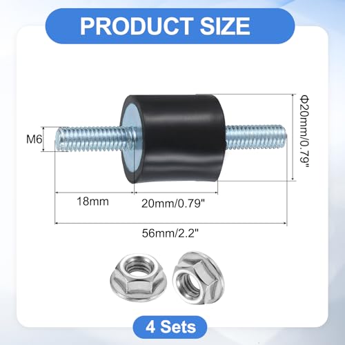 uxcell 4Pcs M6 x 18mm Rubber Mounts, 20 x 20mm Cylindrical Anti Vibration Isolator Studs Shock Absorber Double Studs with Nuts for Car Bobbin Generator Air Compressors - size: M6 x 18mm, 20 x 20mm