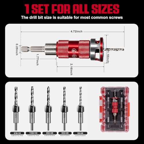 8PCS Upgrade Countersink Drill Bits Set, 5PCS Two Flute TCT Alloy Wood Countersink Bits with Adjustable Depth Stop Collar for Woodworking, Burr-Free Drilling in Wood, Plywood & Plastic