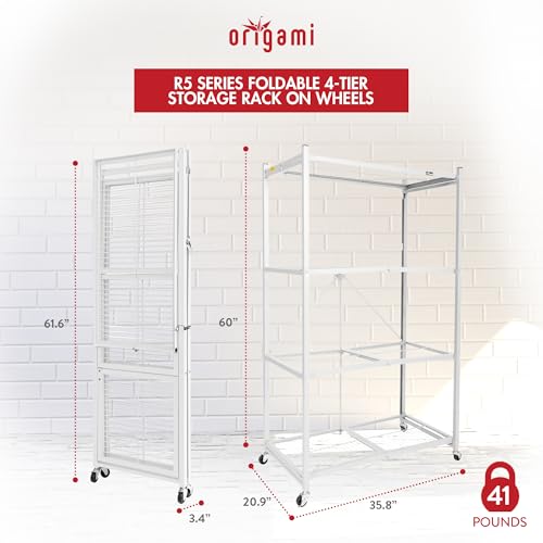 Origami 3-Pack R5 Storage Rack, 4-Tier Heavy-Duty Foldable Steel Shelf with Wheels, White - color: White, size: 3-Pack