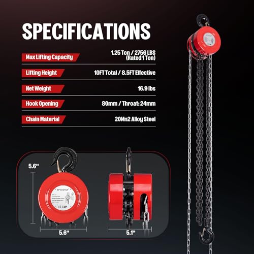 SPECSTAR Hand Chain Hoist 1 Ton 2200 Lbs Capacity 10 Feet with 2 Hooks - color: Red, size: 1 Ton