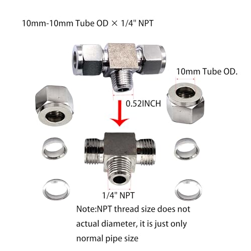 1 Pcs Stainless Steel Compression Coupler Tube Fittings, 10mm Tube OD × 1/4" NPT Tee Union to Male Adapter Connector for Fuel, Oil, Gas, Water and Other Pipeline Systems