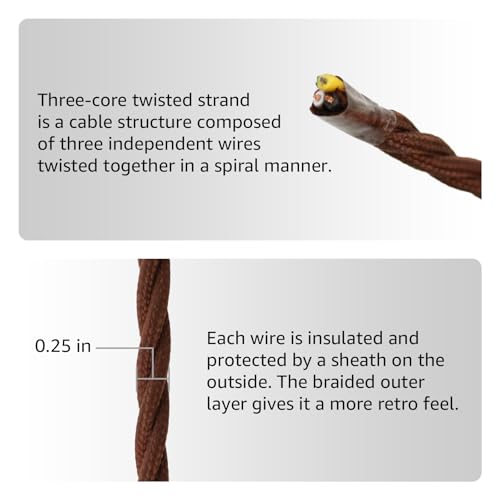 3 Core Fabric Cloth Covered Lamp Twisted Wire, PRUNLLA Vintage Industrial Electrical Cord, Flexible Cable for Retro Lamp, DIY Projects (Brown) - color: Brown