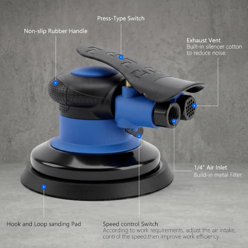 Random Orbital Air Sander 5 Inch, 13000 RPM Pneumatic Palm Sander