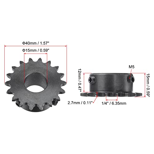 uxcell 18 Tooth Roller Sprocket B Type, #25 Chain, Single Strand 1/4" Pitch, 15mm Bore Black Oxide C45 Carbon Steel with Set Screws for ISO 04C - size: 15mm