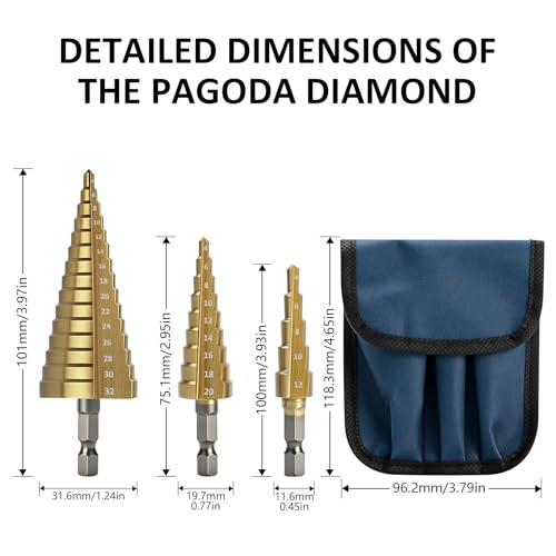 3Pcs HSS Titanium Step Drill Bit Set, Cone DrillBits for Soft Metal Wood Plastic, Hex Shank Stepped Drill Bits for DIY Home Repair & Hole Drilling