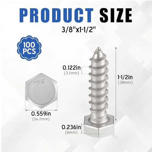 Zonon 100 Pcs 3/8''X 1-1/2'' 304 Stainless Steel Lag Screw for Wood, Silver - color: Silver, size: 3/8''X 1-1/2''