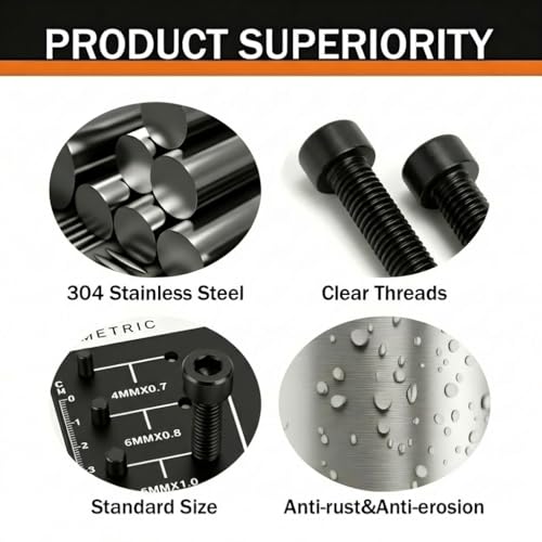 M2.5 x 6mm (50 Pack) Socket Head Cap Screws Bolts, Black Oxide 304 Stainless Steel 18-8, Allen Socket Drive, Full Thread, with Hex Spanner