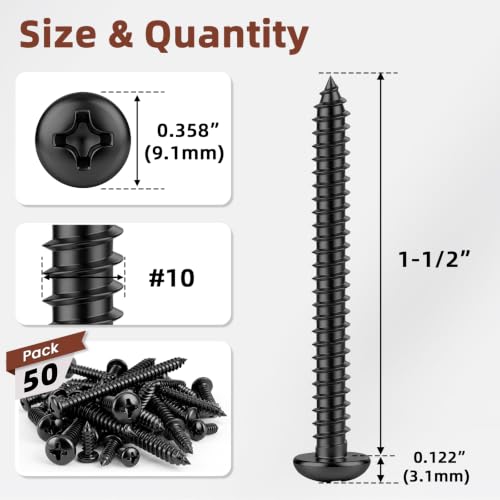 Mellewell #10 x 1-1/2" Pan Head Self Tapping Screw, Pan Head Sheet Metal Screws Wood Screws, Black Finish Stainless Steel 304 (18-8), 50 Pack - color: Black, size: #10 x 1-1/2"
