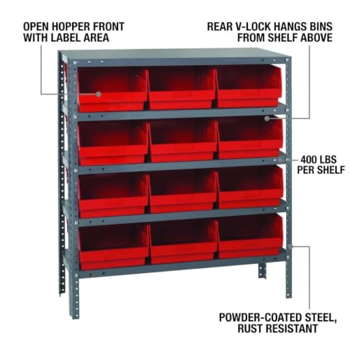 Quantum Storage Systems 1239-209RD Store More Steel Shelving Unit with 6" Shelf Bins, 12" D x 36" W x 39" H, Red - size: 39" H x 36" W x 12" D, style: 12" L x 12" W x 6" H 12 STORE-MORE Red Bins